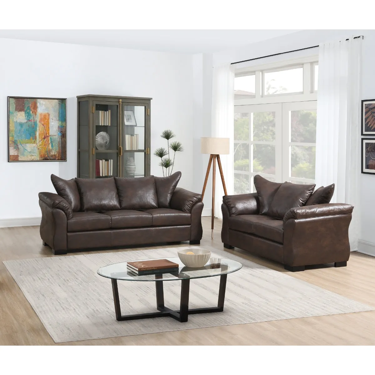 Brown Polished Microfiber Sofa with Removable Cushions – Transitional Modern Design