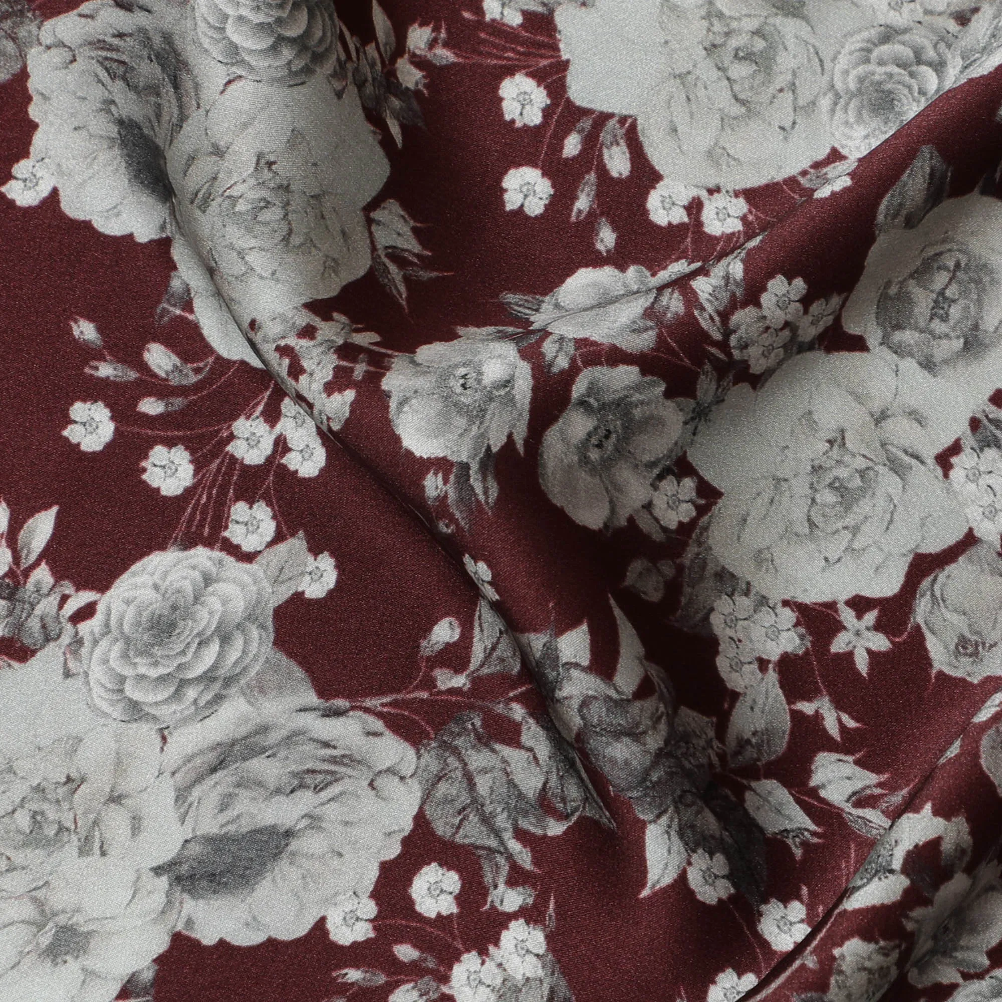 Burgundy & Grey Floral Silk Satin Fabric with Mirror Work - 110 cm Width-D20287