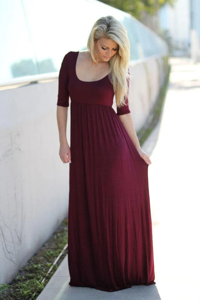 Burgundy Maxi Dress with 3/4 Sleeves