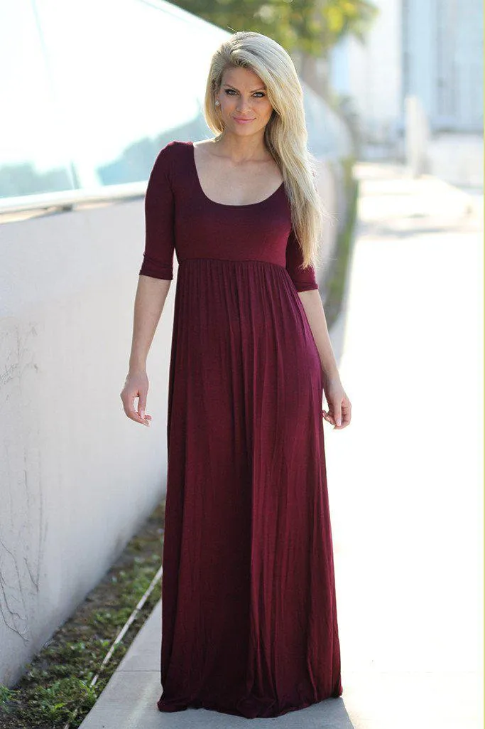 Burgundy Maxi Dress with 3/4 Sleeves