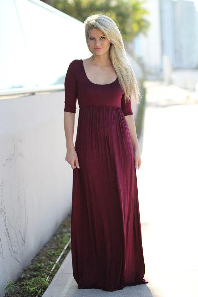 Burgundy Maxi Dress with 3/4 Sleeves