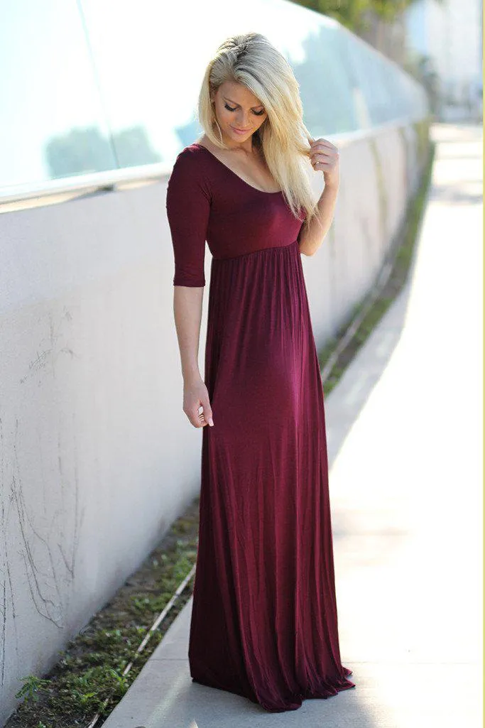 Burgundy Maxi Dress with 3/4 Sleeves