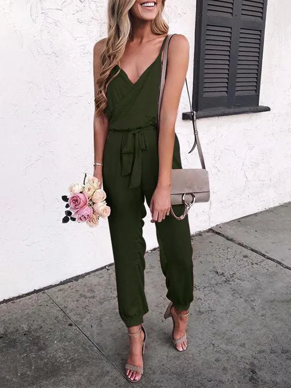 Casual Solid Sling Belted Jumpsuit