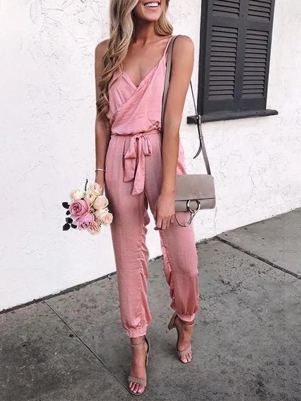 Casual Solid Sling Belted Jumpsuit