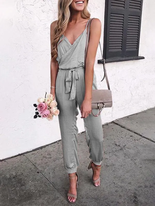 Casual Solid Sling Belted Jumpsuit