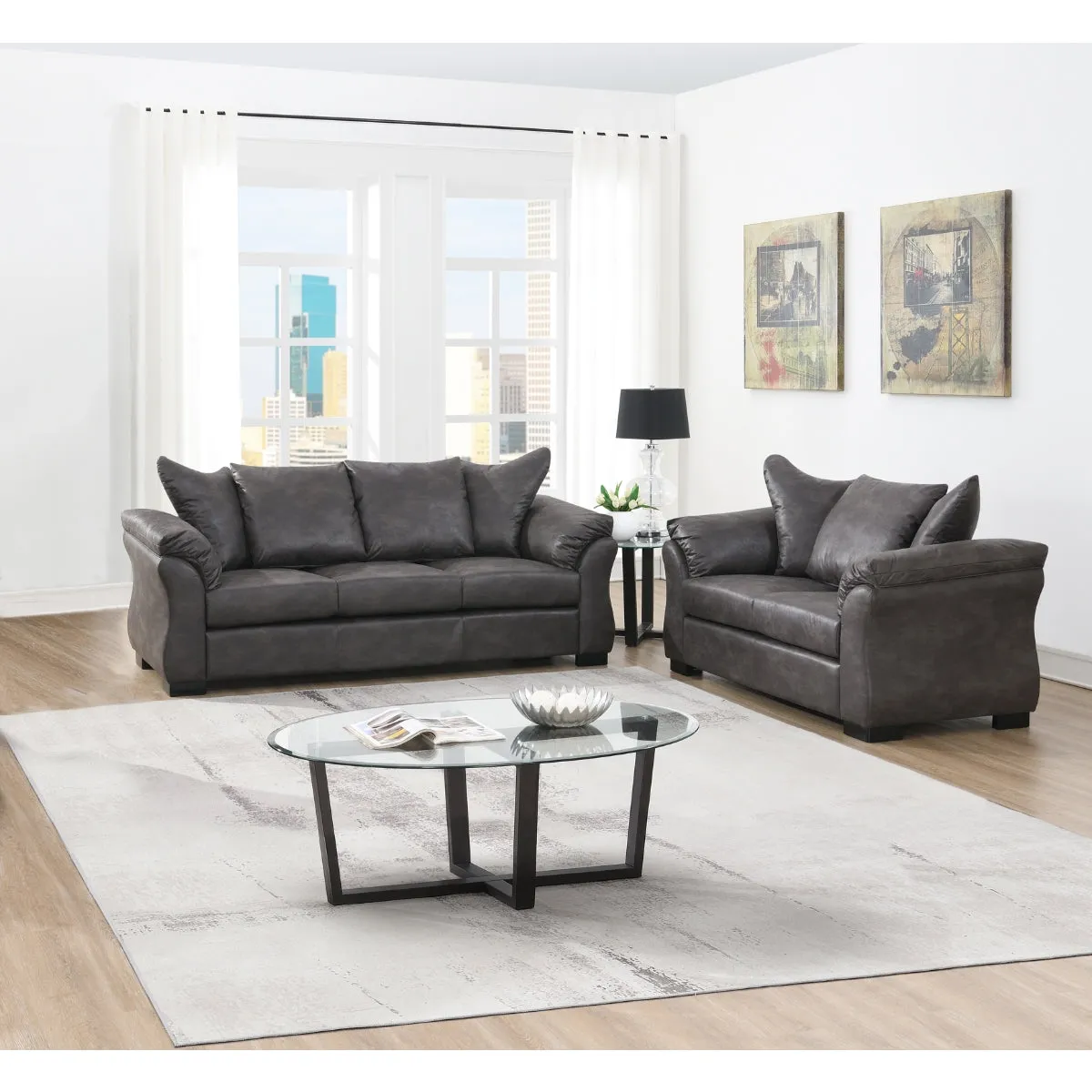 Charcoal Microfiber Sofa with Reversible Cushions and Flared Arms