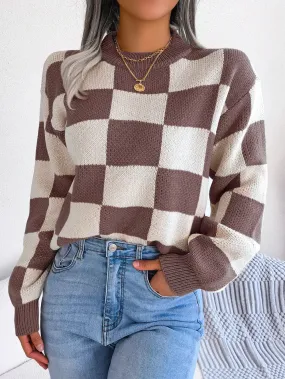 Checkered Mock Neck Long Sleeve Sweater