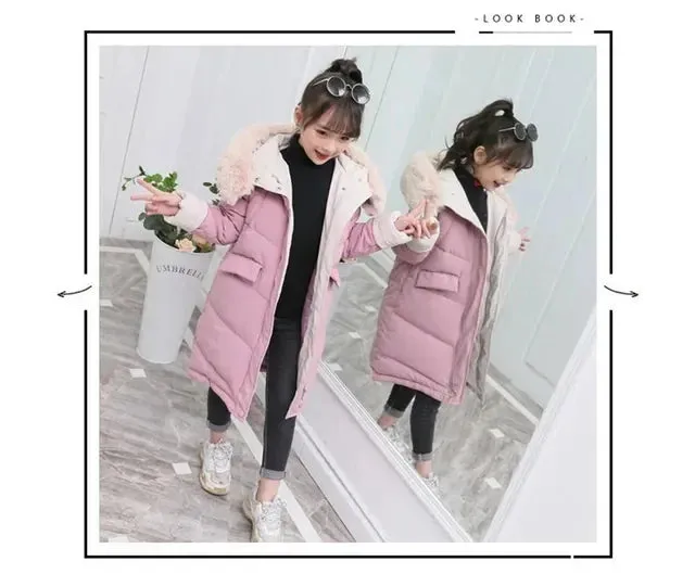 Children Winter Down Cotton Jacket 2024 New Fashion Girl Clothing Kids Clothes Thick Parka Fur Hooded Snowsuit Outerwear Coat