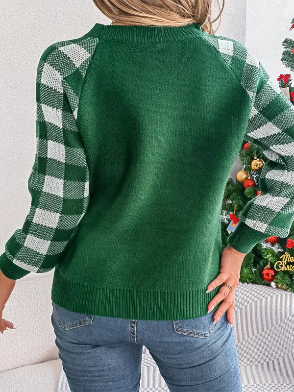 Christmas Reindeer Knit Sweater - Plaid Long Sleeves