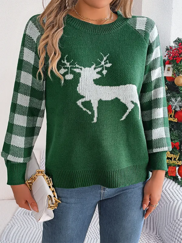 Christmas Reindeer Knit Sweater - Plaid Long Sleeves