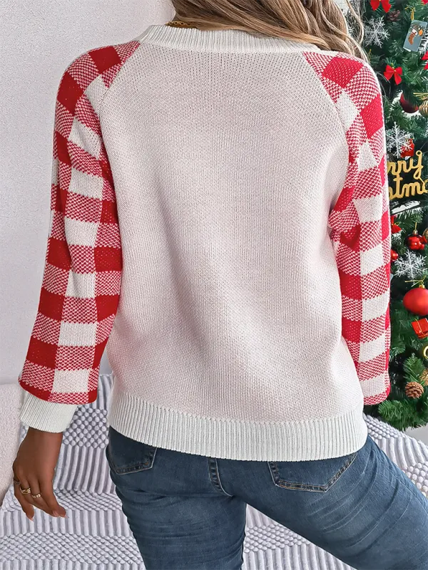 Christmas Reindeer Knit Sweater - Plaid Long Sleeves