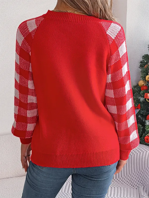 Christmas Reindeer Knit Sweater - Plaid Long Sleeves