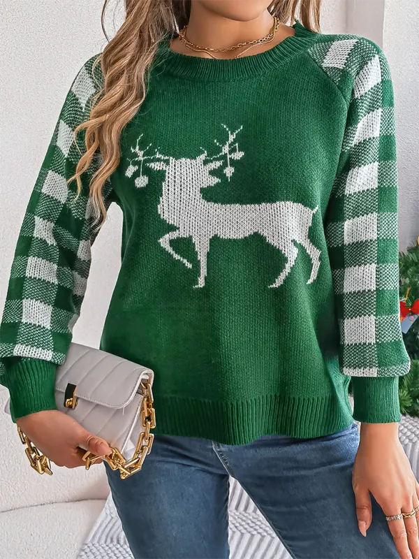 Christmas Reindeer Knit Sweater - Plaid Long Sleeves