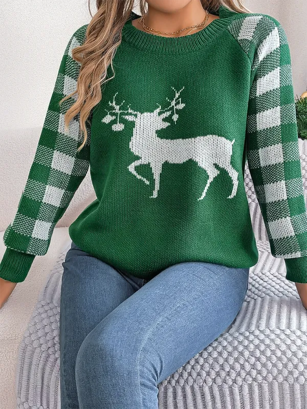 Christmas Reindeer Knit Sweater - Plaid Long Sleeves