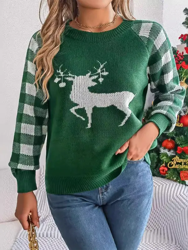 Christmas Reindeer Knit Sweater - Plaid Long Sleeves