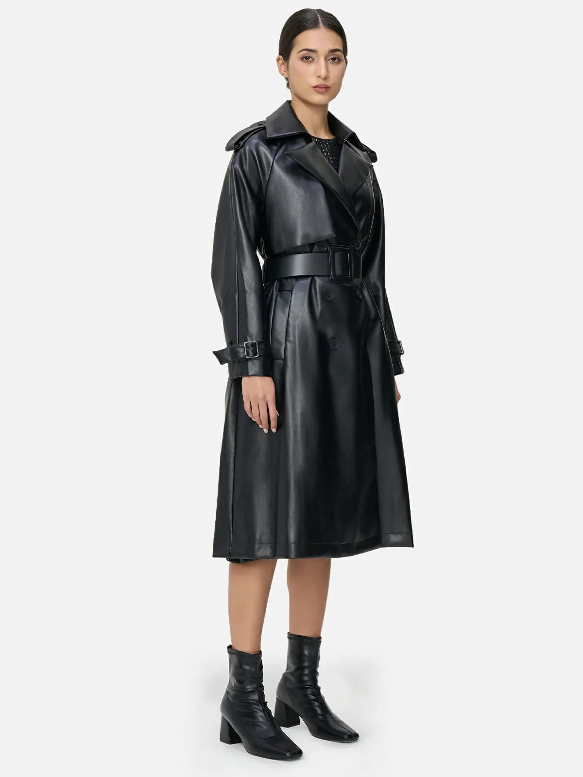 Classic Lapel Leather Long Trench Coat