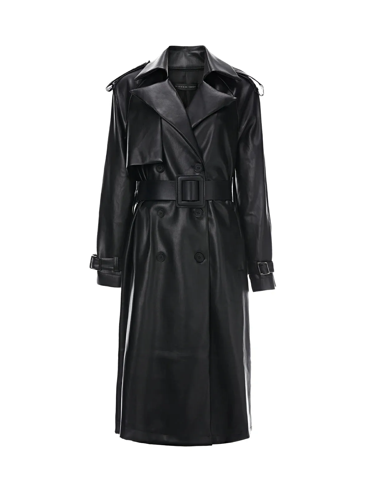 Classic Lapel Leather Long Trench Coat