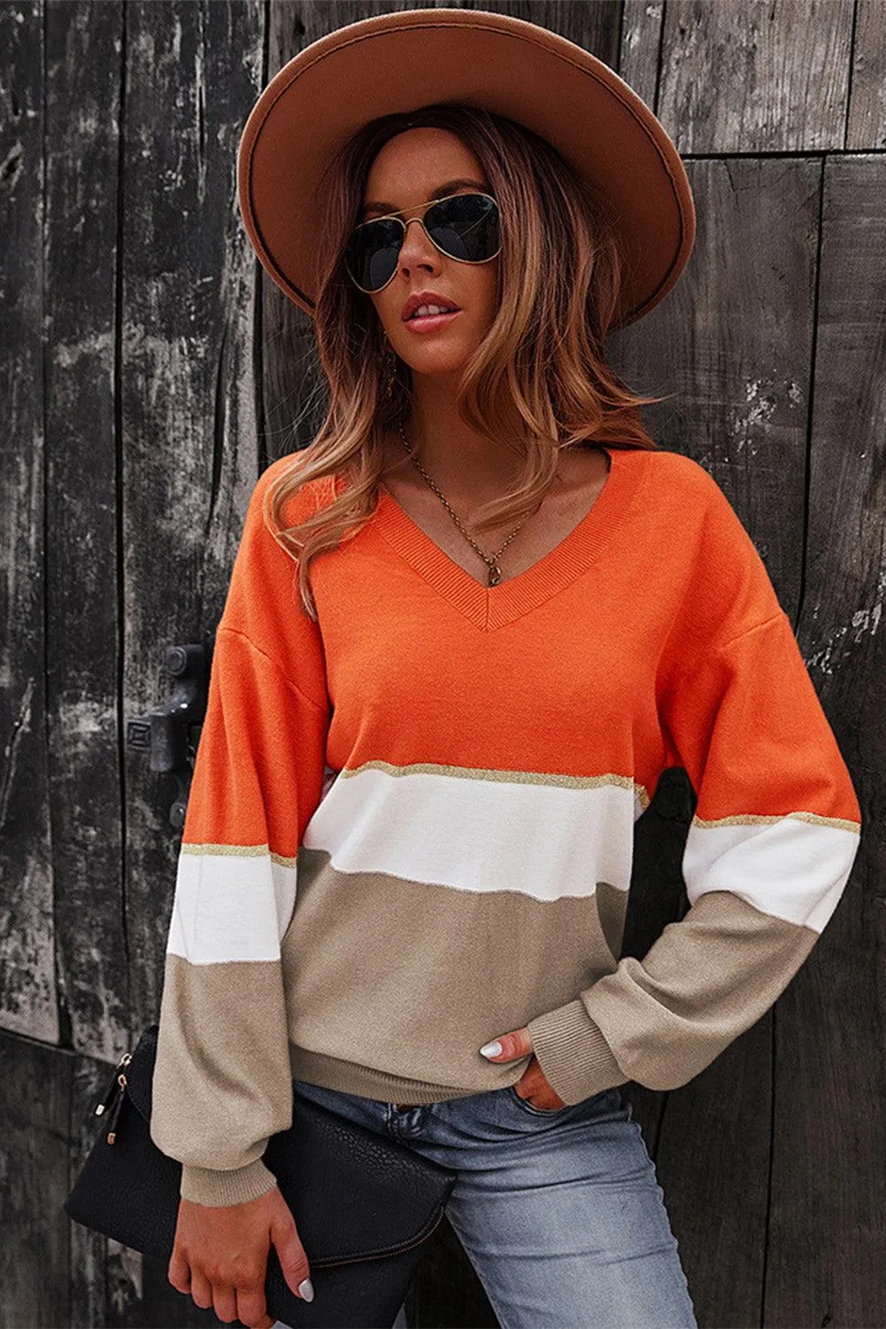 Colorblock V Neck Sweater