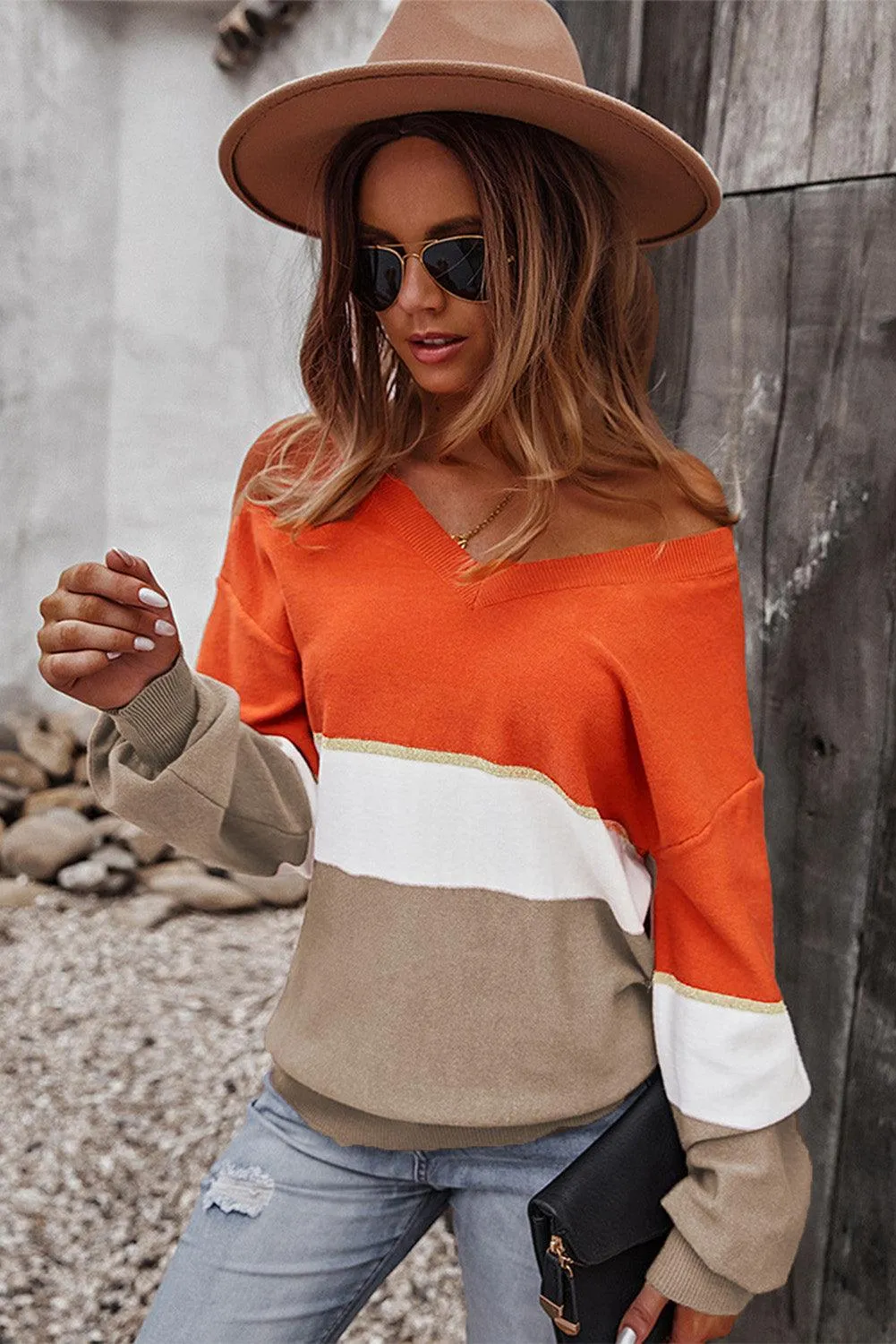 Colorblock V Neck Sweater