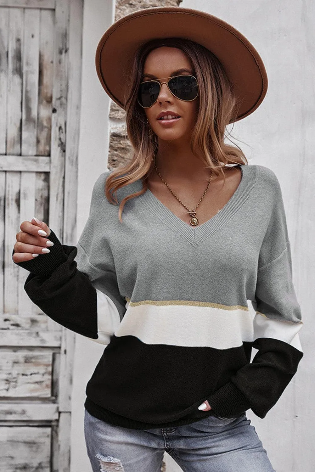 Colorblock V Neck Sweater