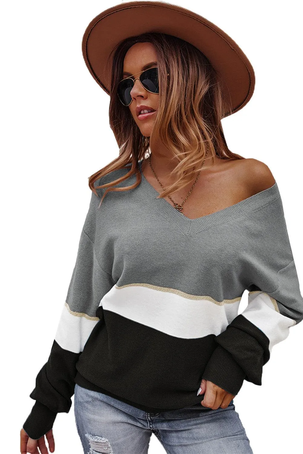 Colorblock V Neck Sweater