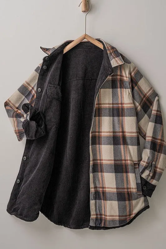 Corduroy and Plaid Reversible Shacket in Black or Cream