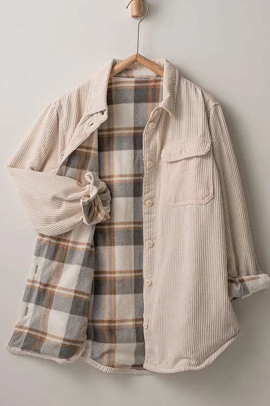 Corduroy and Plaid Reversible Shacket in Black or Cream