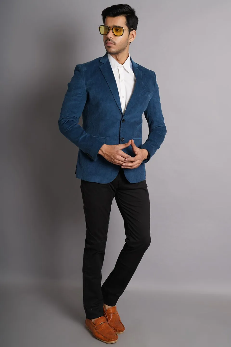 Corduroy Cotton Blue Solid Blazer