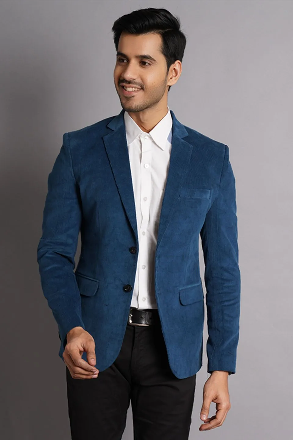 Corduroy Cotton Blue Solid Blazer