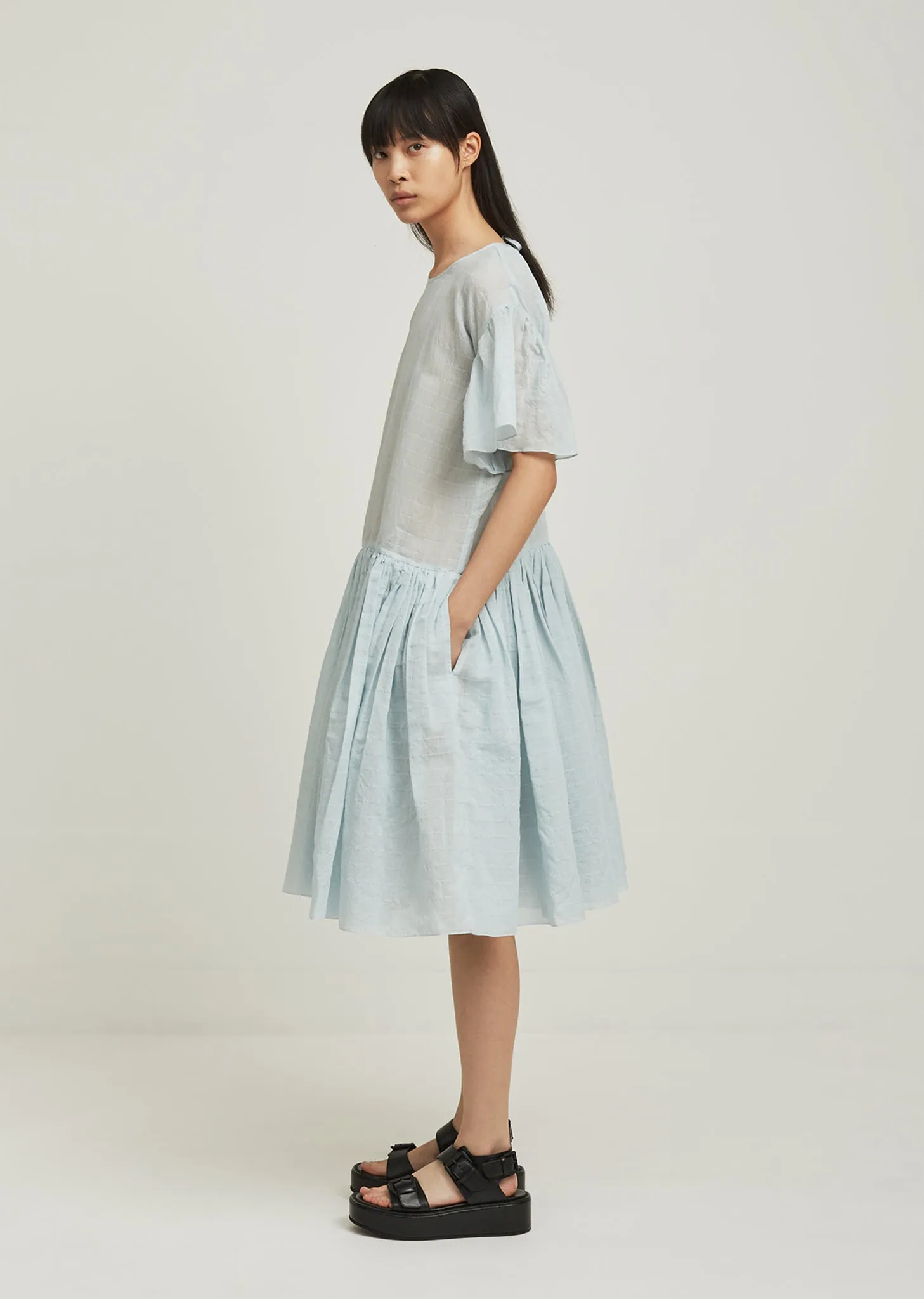 Cotton Silk Ruffle Sleeve Dress