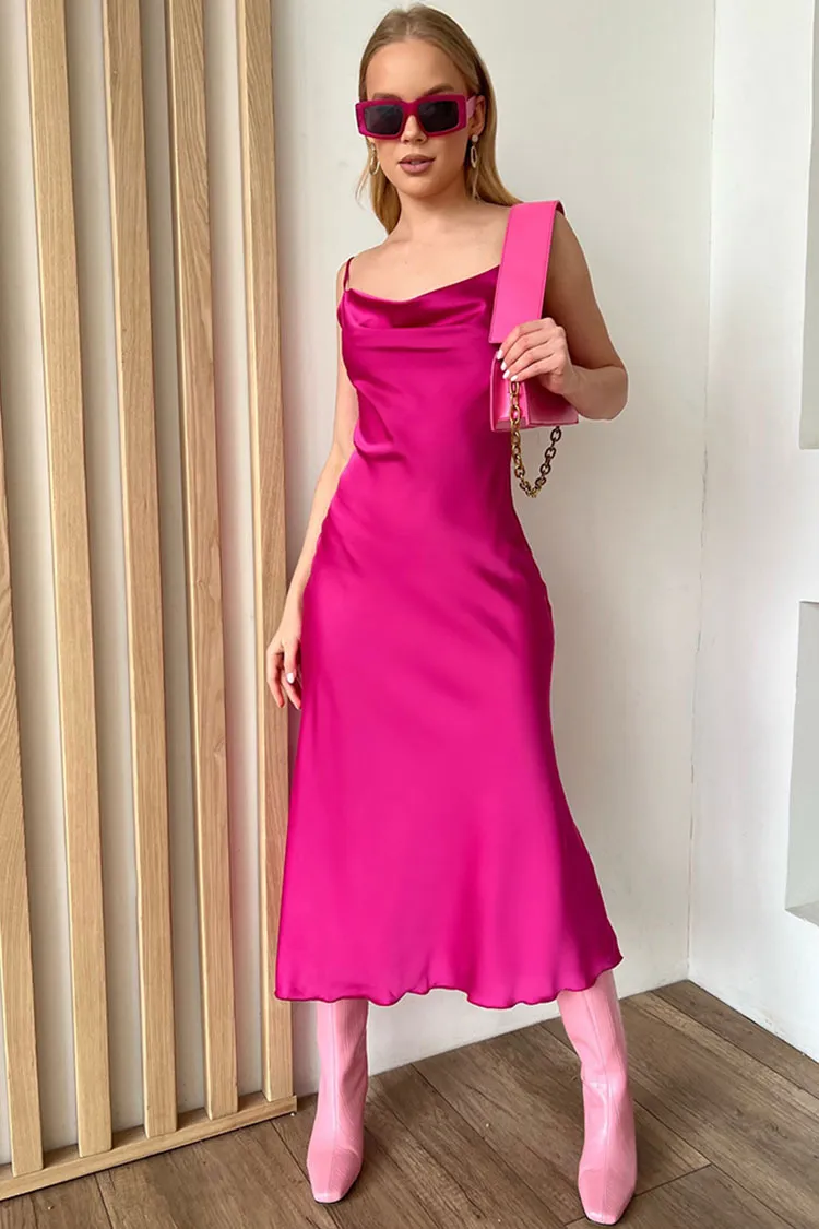 Cowl Neck Spaghetti Strap Ruffle Summer Slip Midi Sundress - Hot Pink