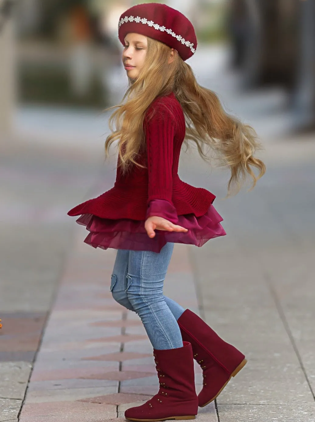 CUTE AS PIE CRANBERRY CABLE KNIT TUTU SWEATER