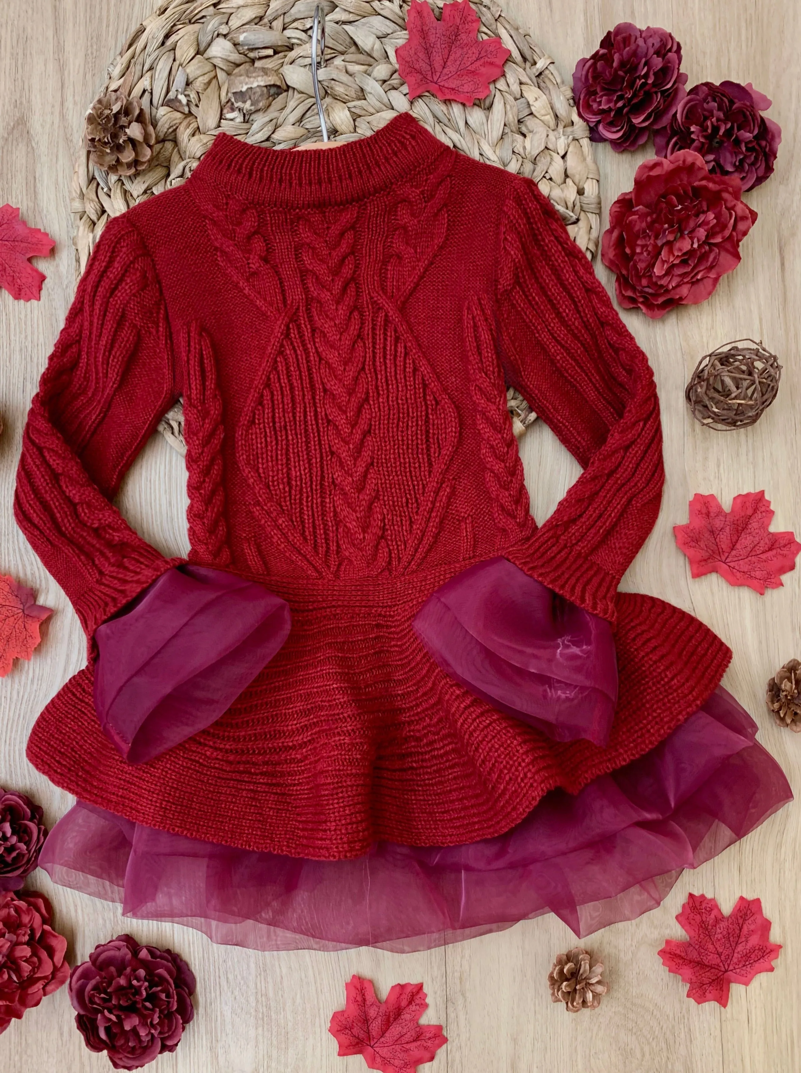 CUTE AS PIE CRANBERRY CABLE KNIT TUTU SWEATER