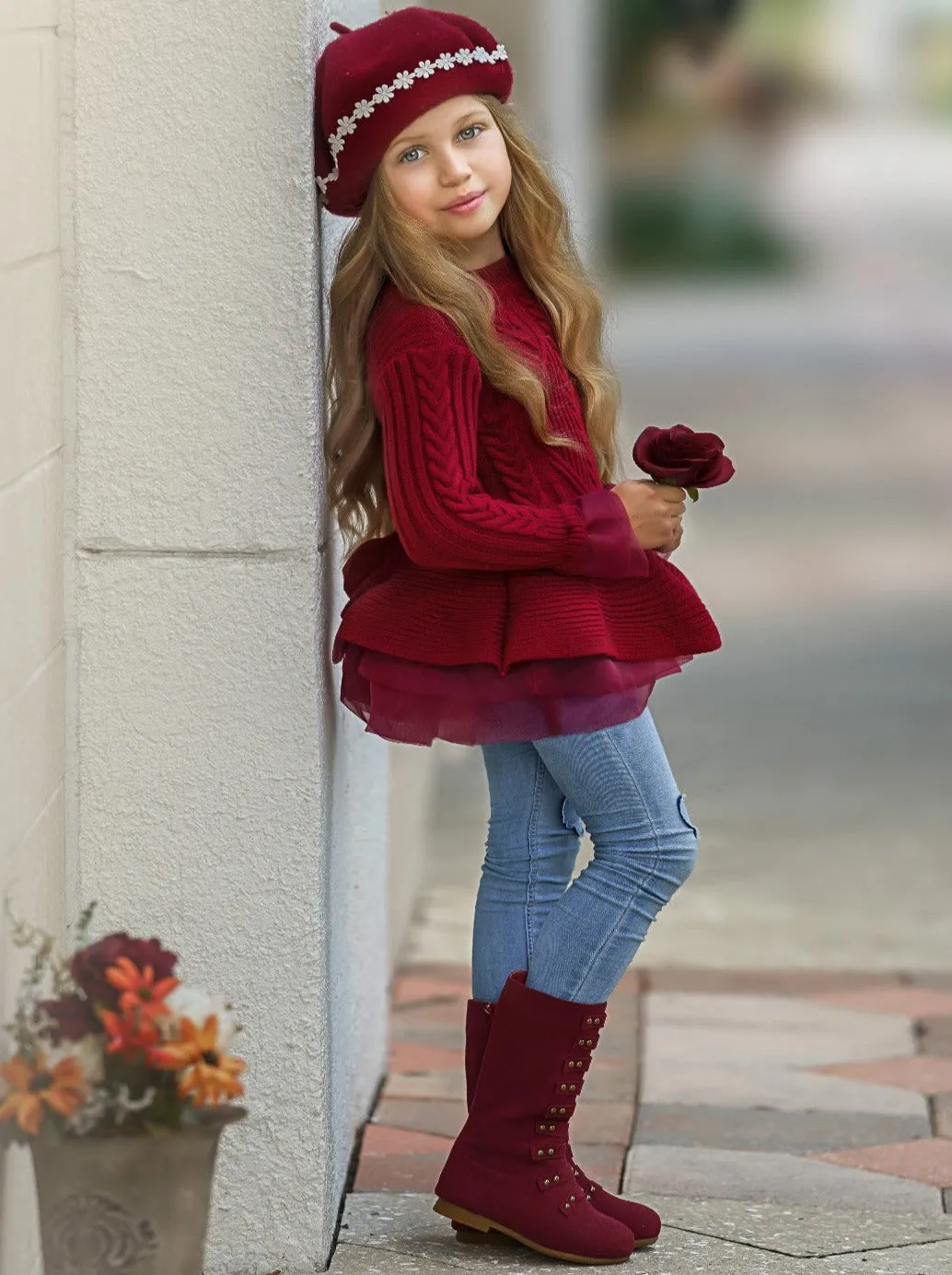 CUTE AS PIE CRANBERRY CABLE KNIT TUTU SWEATER