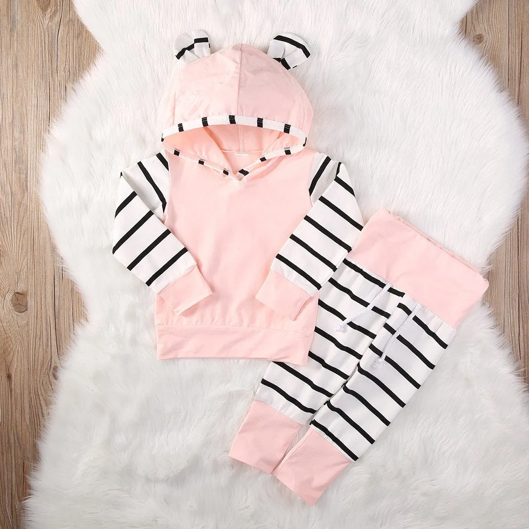 Cute Baby Girl Clothing Set 3D Hoodie Tops T-shirt Cotton Striped Pants 2pcs Outfit