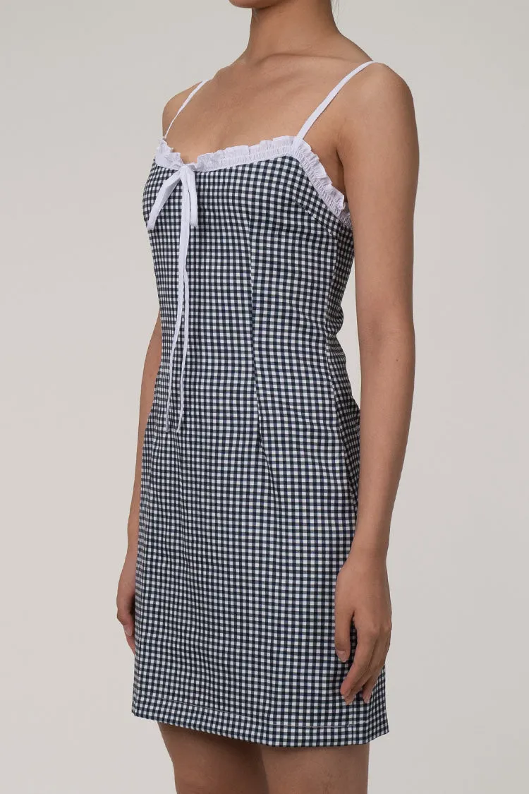 Cute Gingham Print Ruffle Tie Front Cinch Waist Summer Mini Sundress