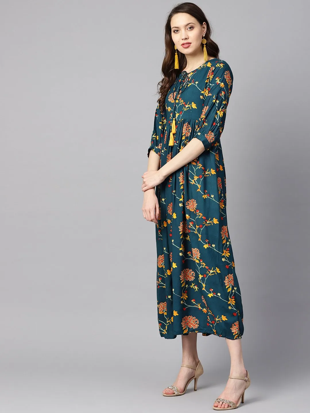 Dark Teal Turquiose Floral Printed Maxi Dress With Key Hole Neckline & 3/4 Sleeves