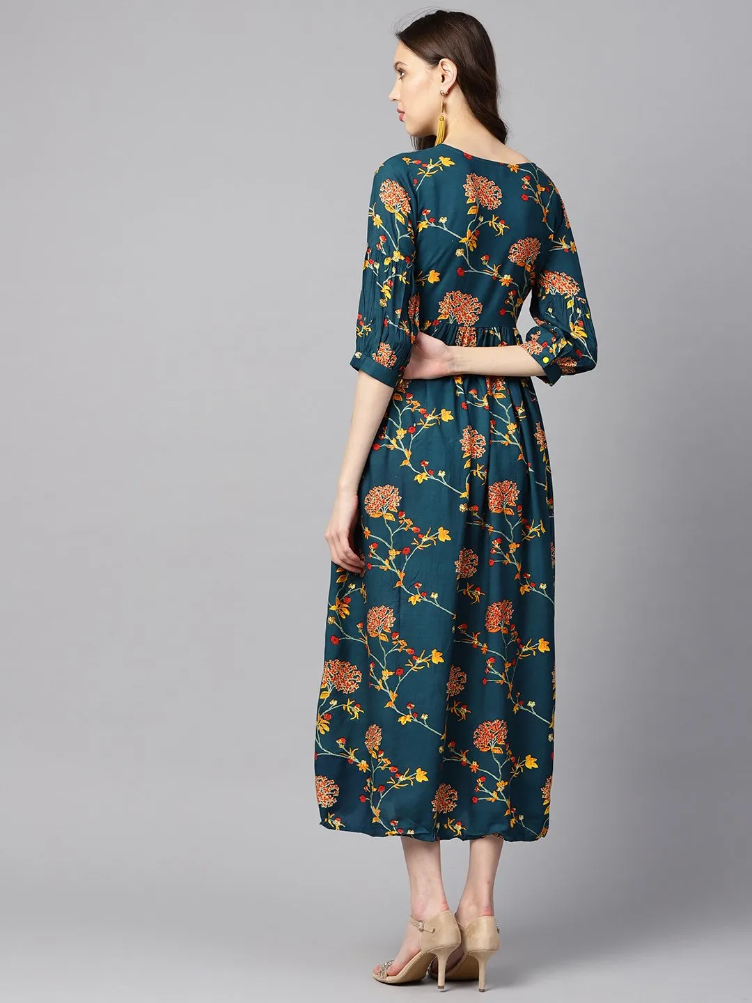 Dark Teal Turquiose Floral Printed Maxi Dress With Key Hole Neckline & 3/4 Sleeves