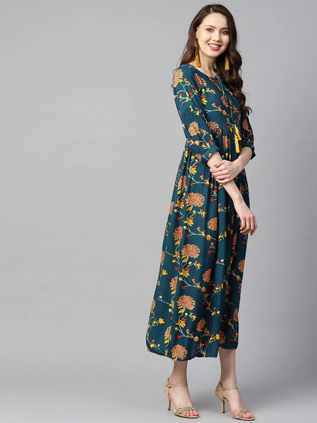 Dark Teal Turquiose Floral Printed Maxi Dress With Key Hole Neckline & 3/4 Sleeves