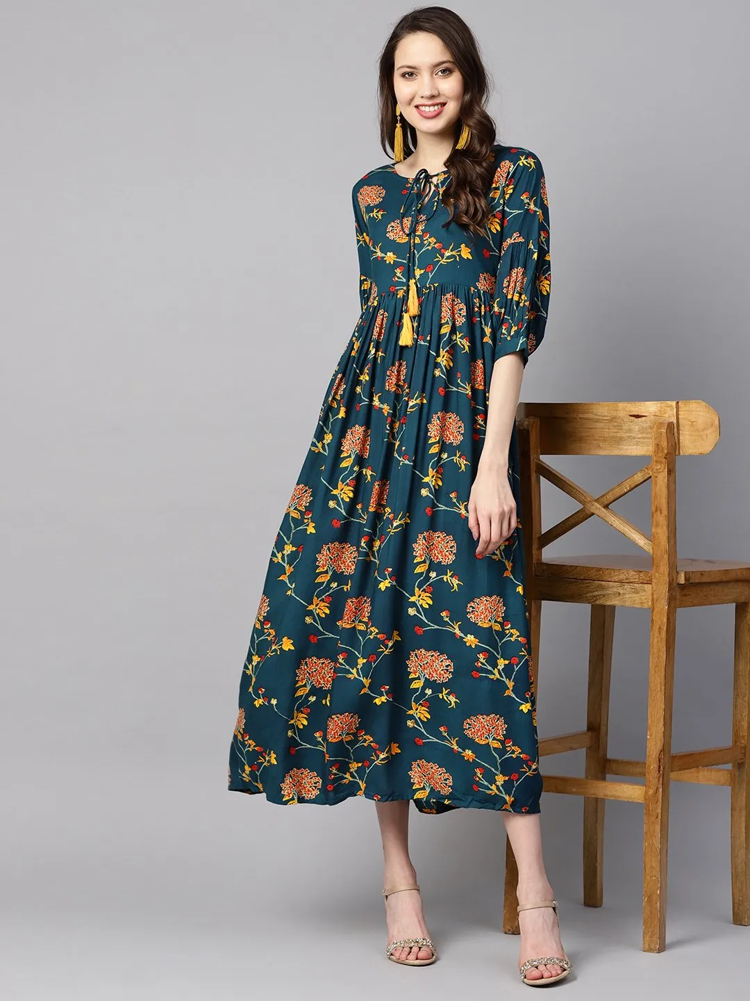 Dark Teal Turquiose Floral Printed Maxi Dress With Key Hole Neckline & 3/4 Sleeves