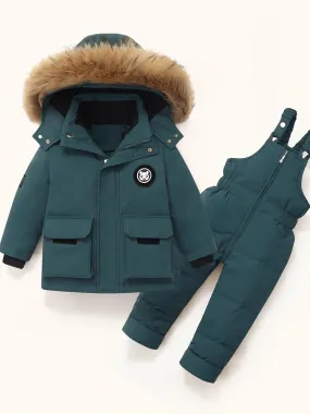 DEAR RABBIT Kids' Cozy Down Jacket & Jumpsuit Set -, Thickened Winter Wear for Boys & Girls 1-5 Years, Hooded with Pockets