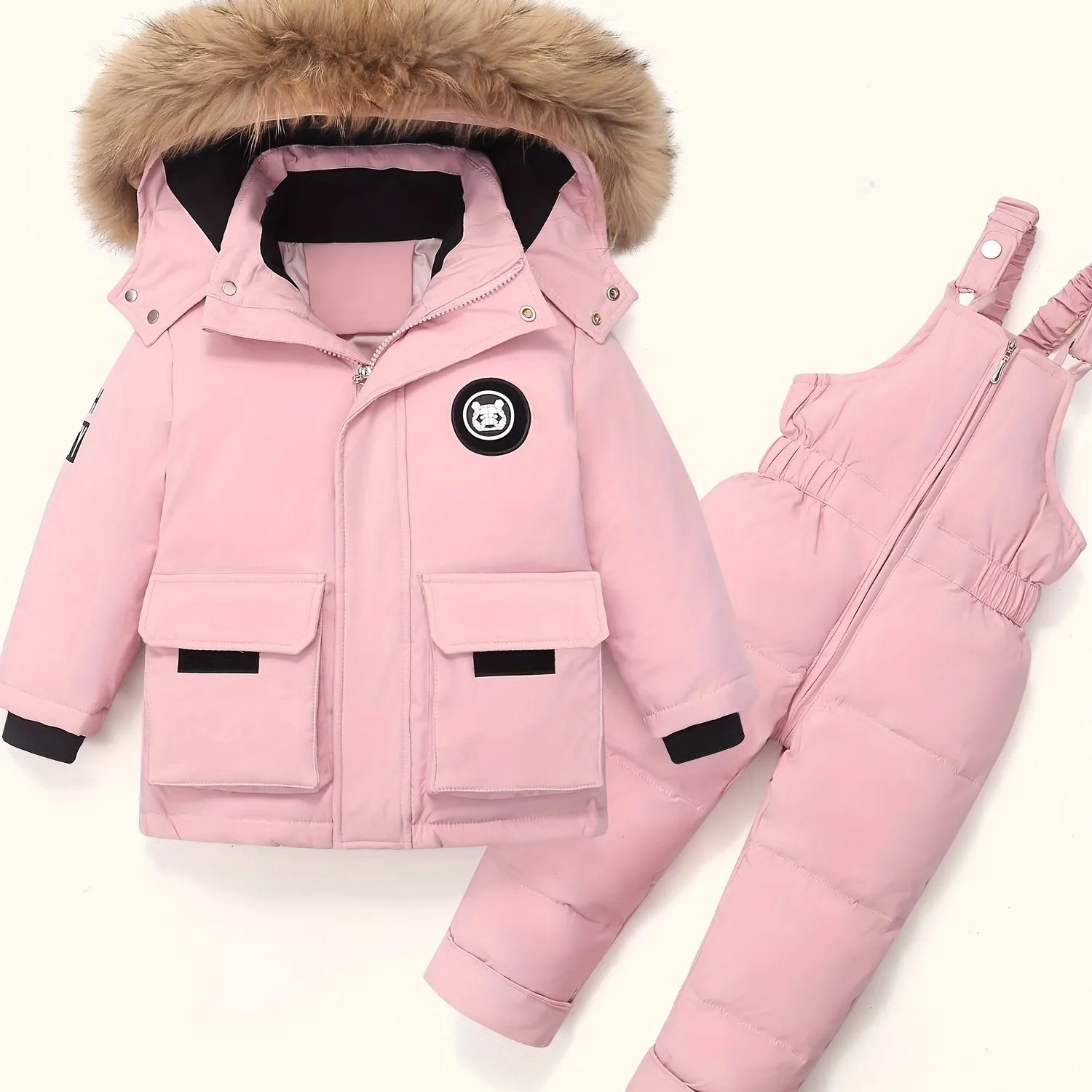 DEAR RABBIT Kids' Cozy Down Jacket & Jumpsuit Set -, Thickened Winter Wear for Boys & Girls 1-5 Years, Hooded with Pockets