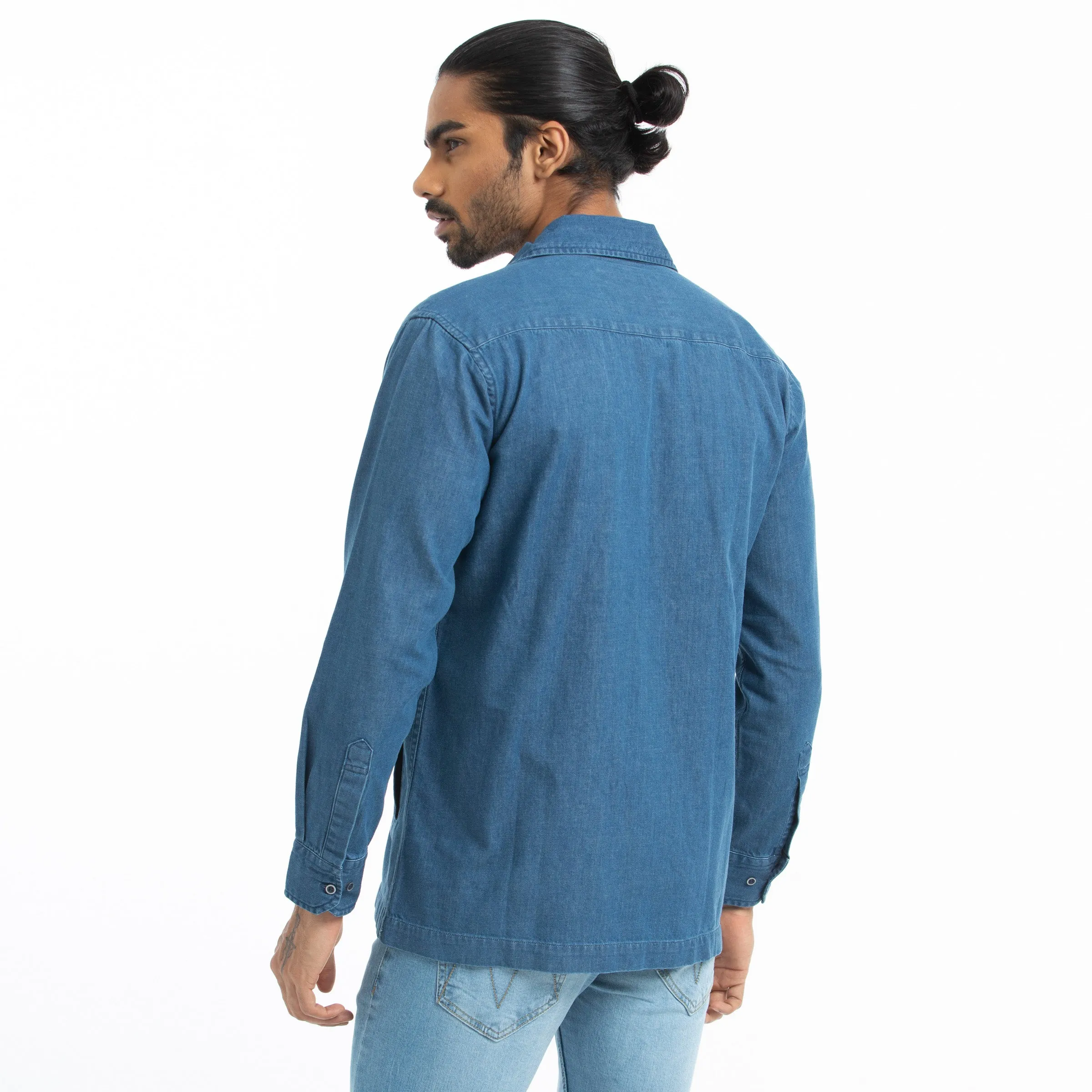 Denim Zipper Shacket Shirt  - Deep Blue