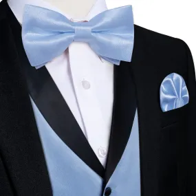 DiBanGu Tuxedo Vest Carolina Blue Solid Silk Mens Button Up Dress Vest and Bow Tie Set