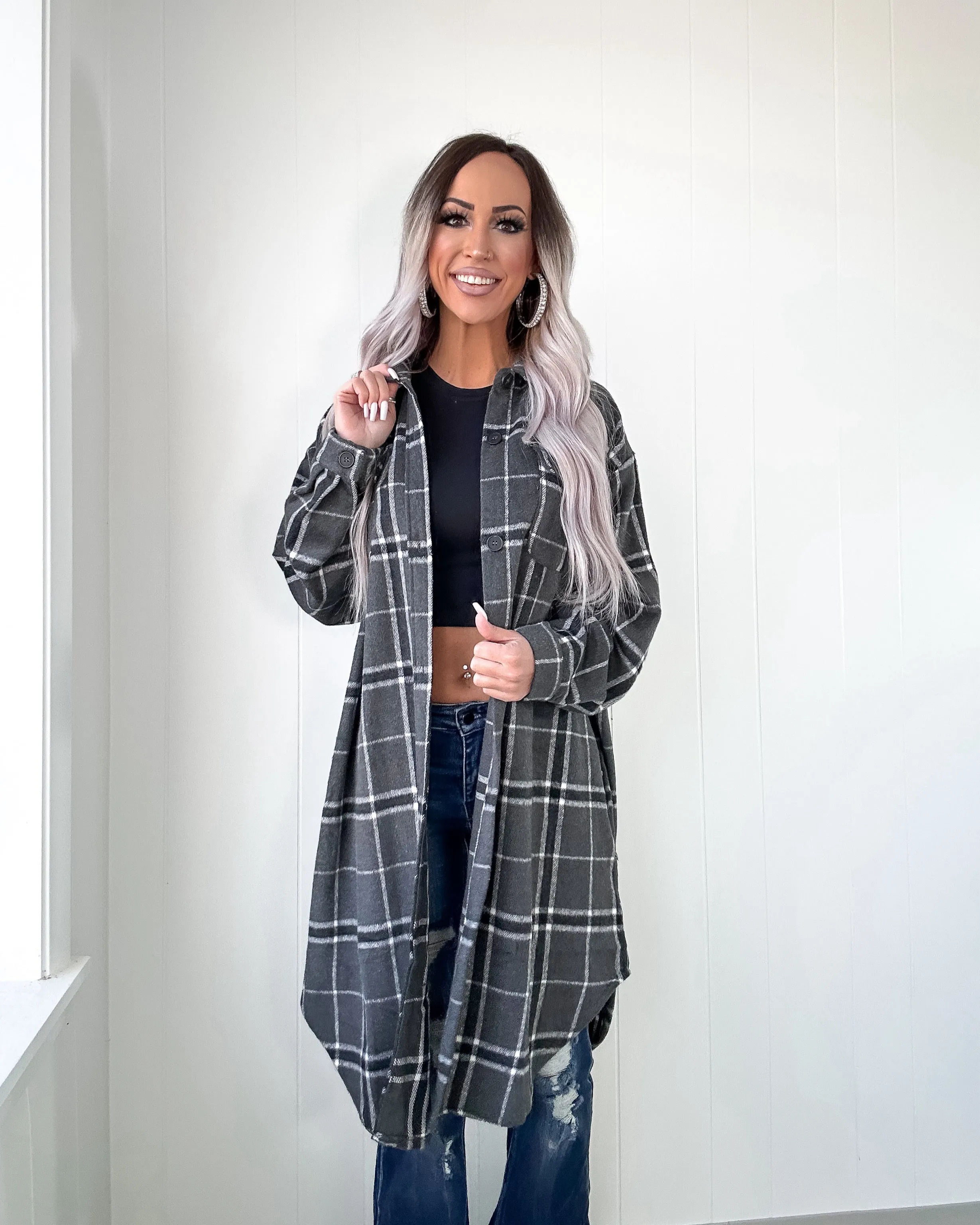 DOORBUSTER Gray Plaid Duster Shacket