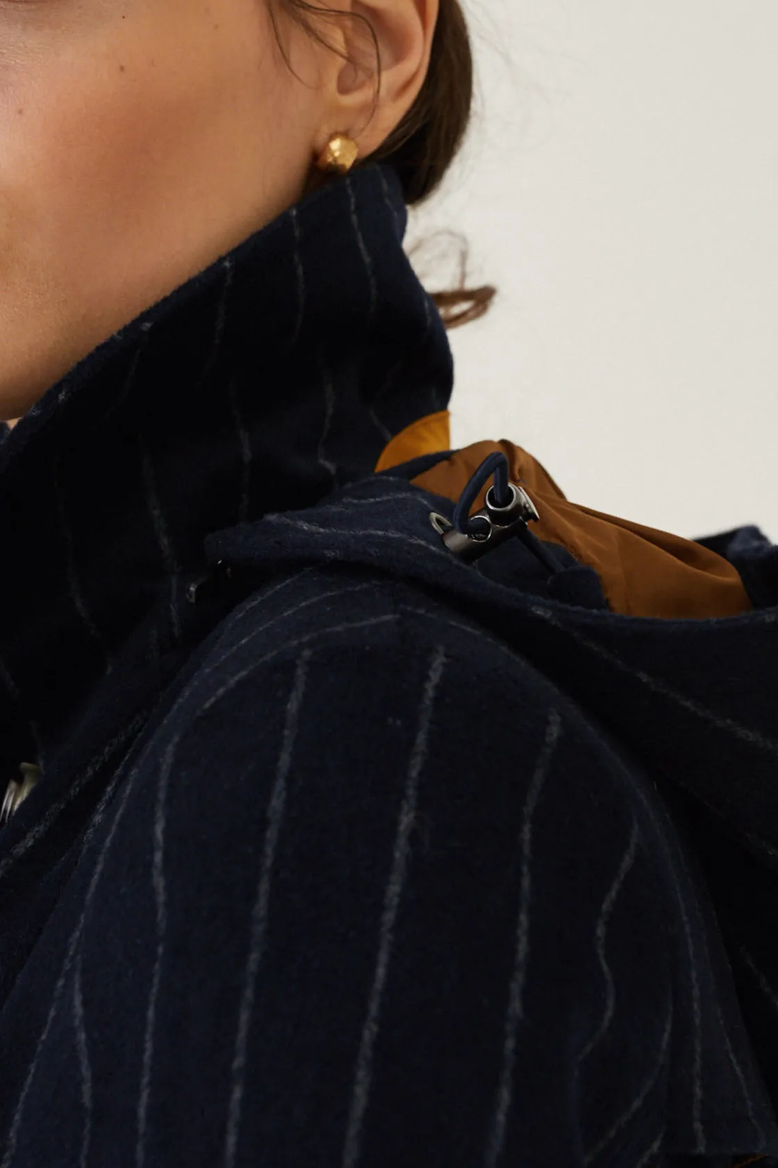 Double-Breasted  Waterproof  Woollen Trench- Striped Navy