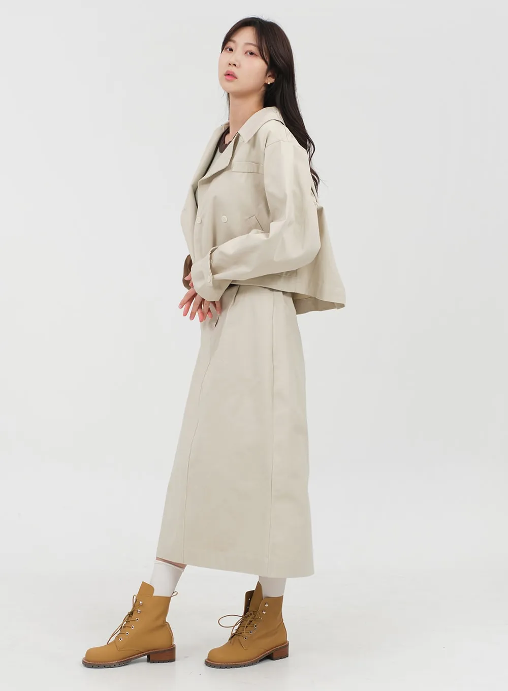 Double Button Cropped Trench Coat OA06