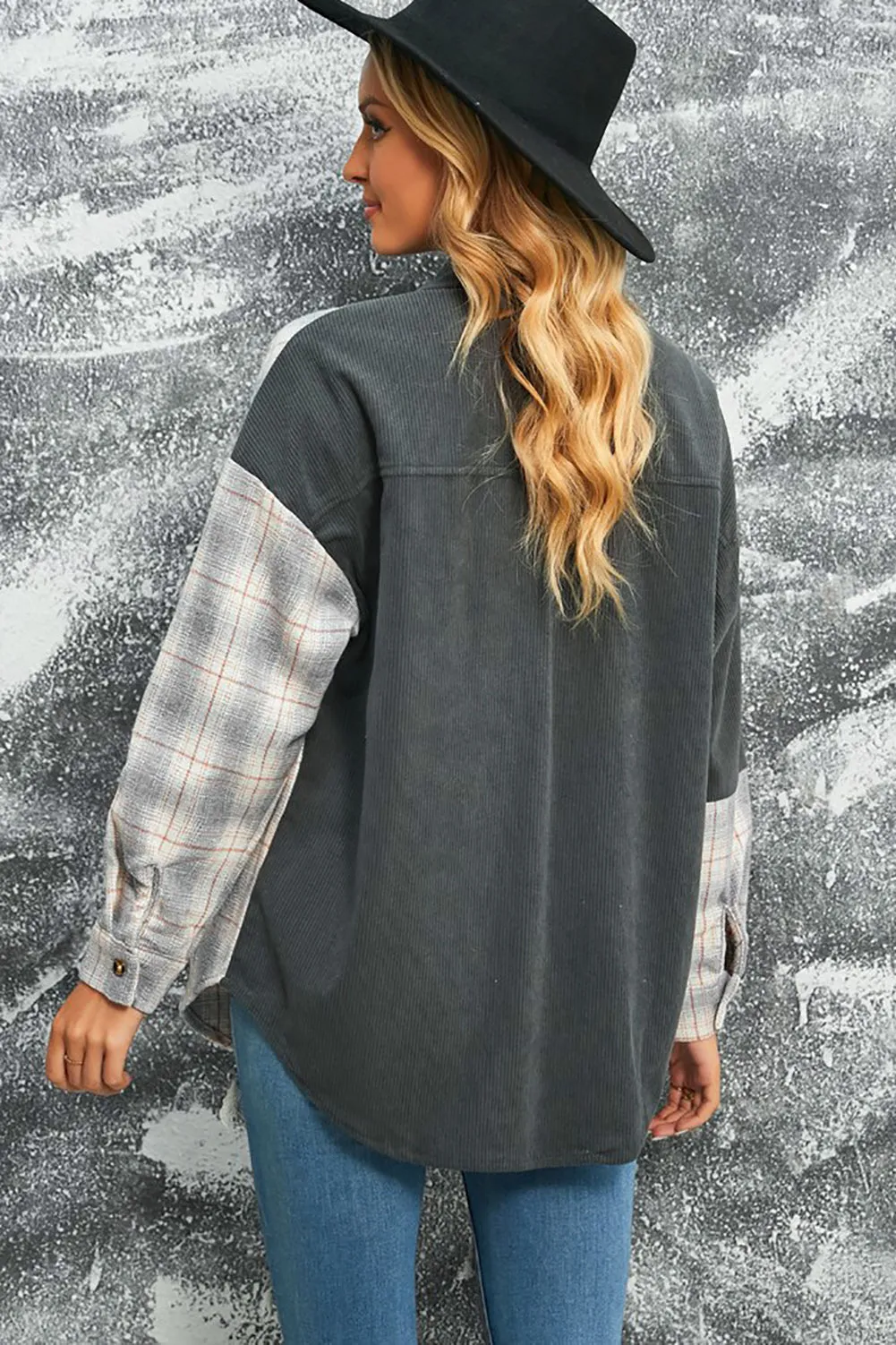 Double Take Plaid Color Block Dropped Shoulder Corduroy Shacket