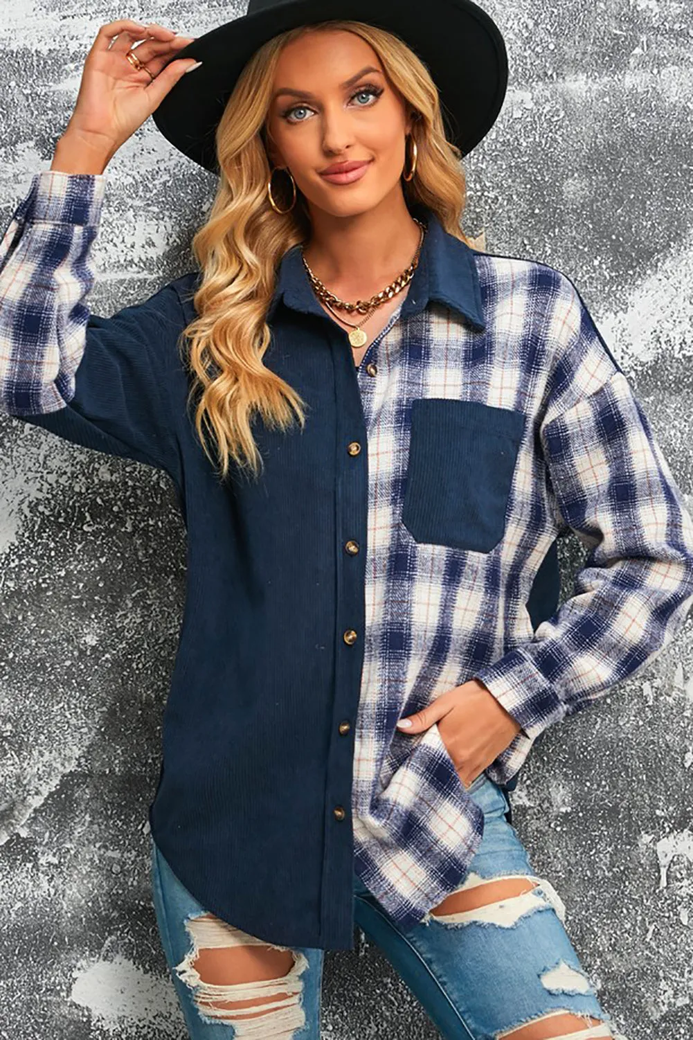 Double Take Plaid Color Block Dropped Shoulder Corduroy Shacket