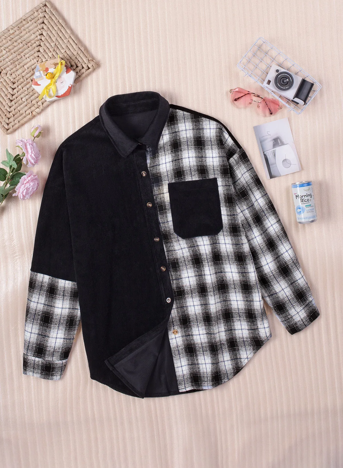 Double Take Plaid Color Block Dropped Shoulder Corduroy Shacket